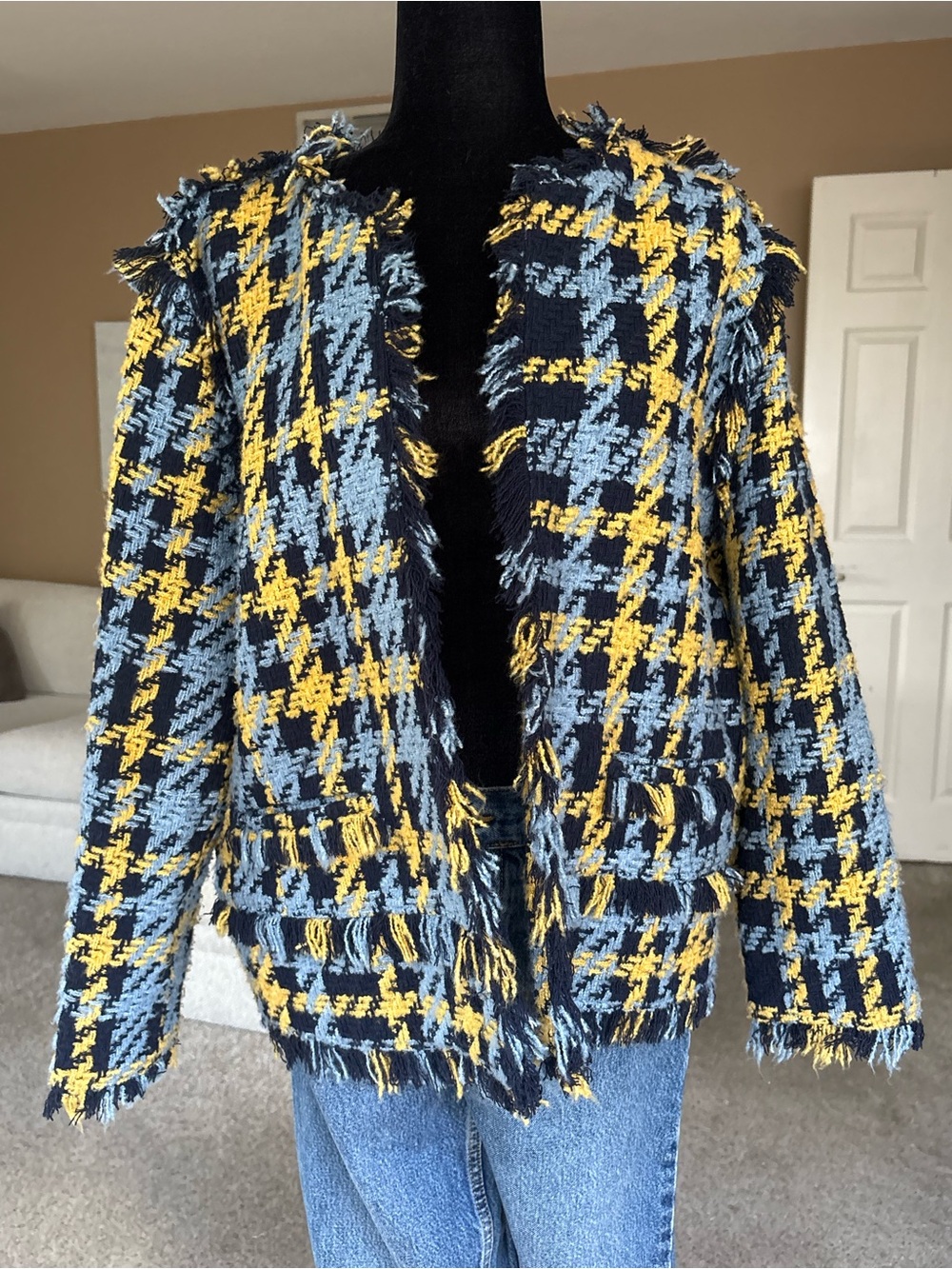 Halogen Frayed Houndstooth Blazer in Navy, Light Blue & Yellow